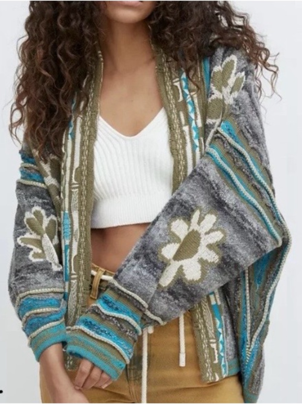 Kimchi Blue Gray Teal Olive Floral Knit Open Cardigan